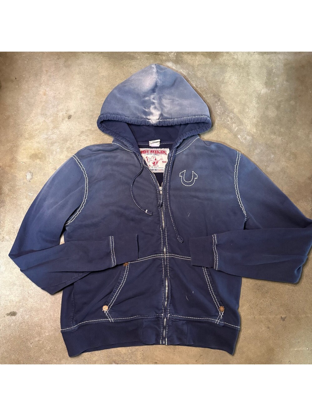 Y2k True Religion Hoodie Men's XXL 100%Cotton Navy Faded Distressed Zip-Up
